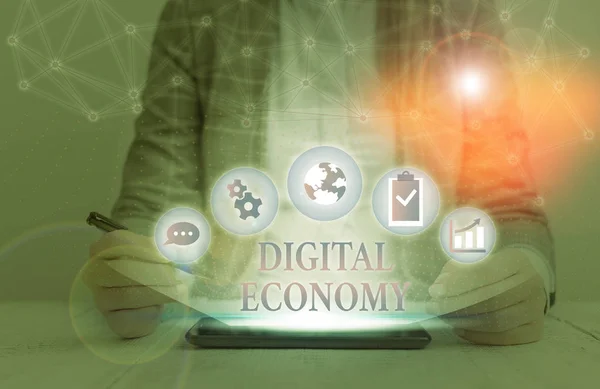 Manuscrito Texto Escrevendo Economia Digital Atividades Fotoeconômicas Conceituais Baseadas Tecnologias — Fotografia de Stock