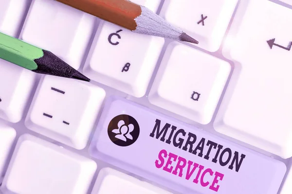 Writing Note Showing Migration Service Business Concept Moving Company Data — 스톡 사진