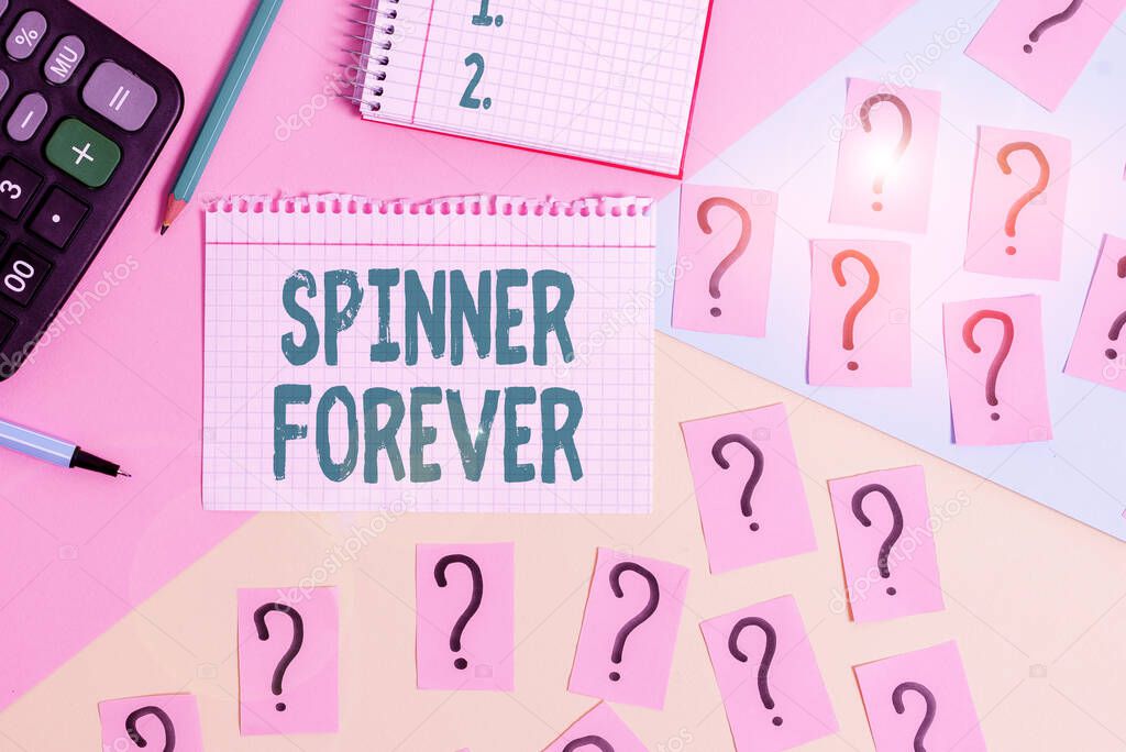 Text sign showing Spinner Forever. Business photo showcasing stress reliever for showing who tend to fidget Flat top Mathematics stuff and writing equipment above pastel colours background