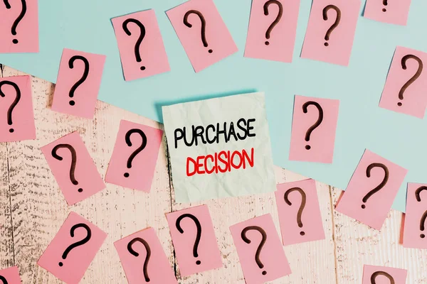 Writing note showing Purchase Decision. Business concept for process that leads a consumer from identifying a need, Scribbled and crumbling papers with thick cardboard above wooden table
