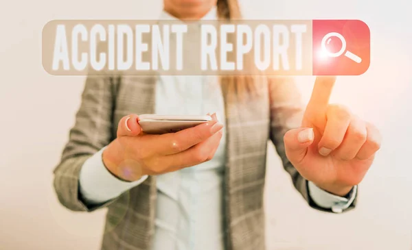 Text sign showing Accident Report. Business photo showcasing formal recording of the accident or injury that has occurred Business concept with mobile phone and business woman