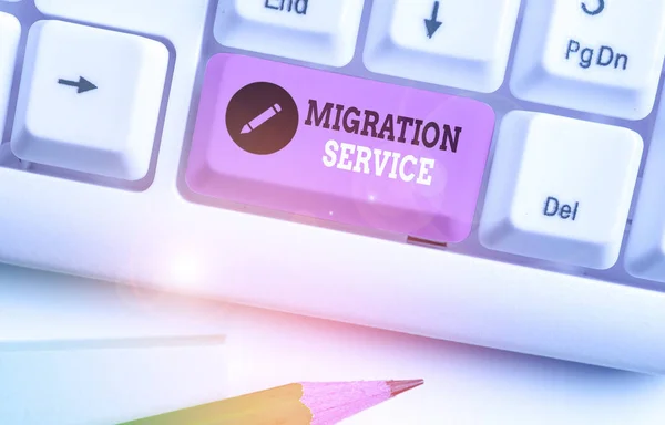 Escrita Mão Conceitual Mostrando Serviço Migração Conceito Que Significa Mover — Fotografia de Stock