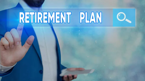 Word writing text Retirement Plan. Business photo showcasing plan for setting aside money to be spent after retirement