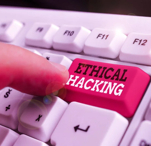 Writing note showing Ethical Hacking. Business concept for act of locating weaknesses and vulnerabilities of computer