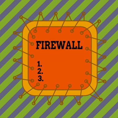 Firewall 'ı gösteren mesaj işareti. İş fotoğrafı metni ağ veya sistemi güvenlik duvarı ile yetkisiz erişimden korur asimetrik biçimsiz şekil şekil nesne ana hatları çokrenkli tasarım