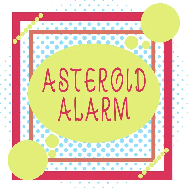 Word writing text Asteroid Alarm. Business photo showcasing warning to prepare the cities in a space rock flight path Asymmetrical uneven shaped format pattern object outline multicolour design