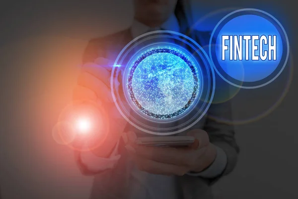 Escritura Mano Fintech Programas Conceptuales Computadora Fotográfica Otra Tecnología Que — Foto de Stock