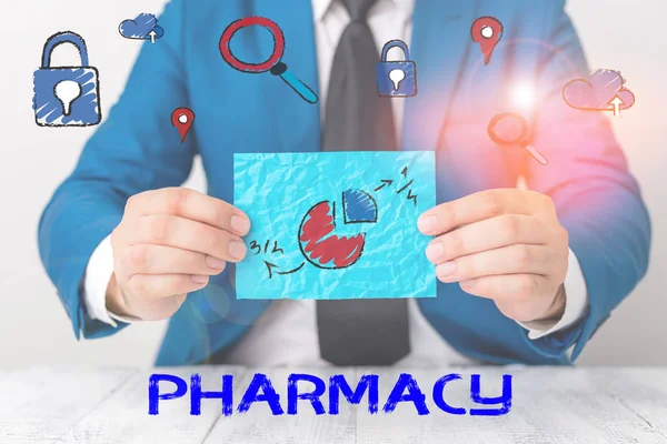 Konceptuální Rukopis Zobrazující Farmacii Pojmem Obchod Nebo Nemocniční Lékárna Kde — Stock fotografie