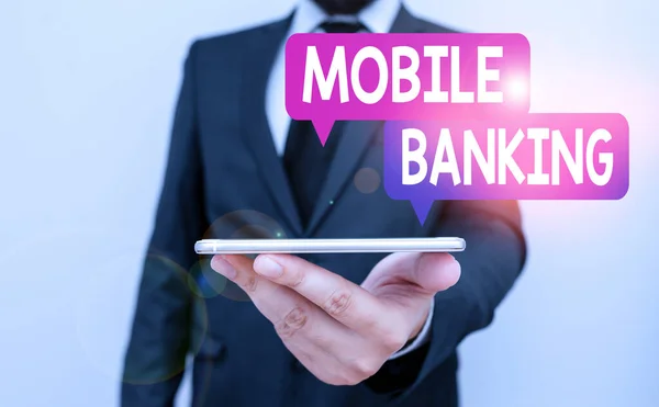 Writing Note Showing Mobile Banking Business Concept Use Cellular Device — Stock Photo, Image