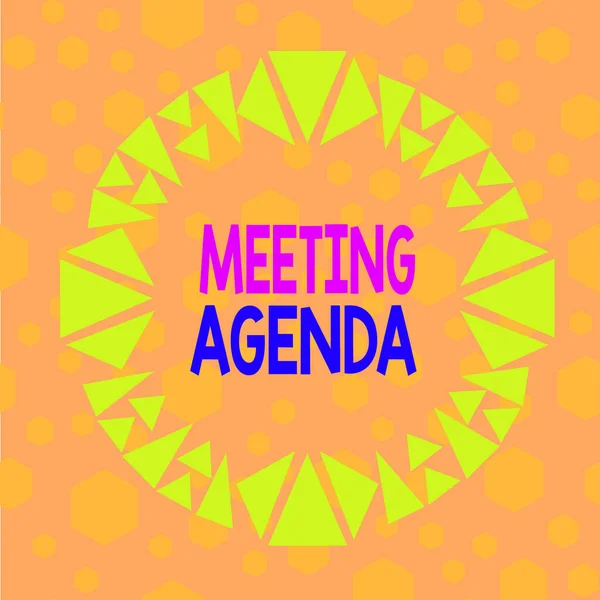 Text sign showing Meeting Agenda. Business photo showcasing list of items that participants to accomplish at a meeting Asymmetrical uneven shaped format pattern object outline multicolour design