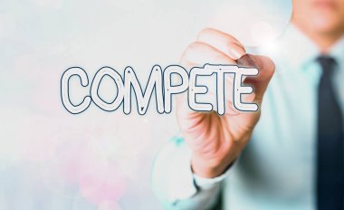 Kelime yazma metni Compete. İş fotoğrafçılığı başkalarına karşı üstünlük sağlayarak ya da yenerek bir şeyler kazanabilir.