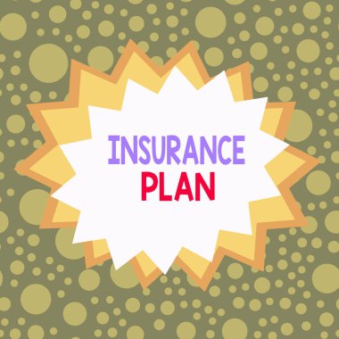 Kelime yazma sigortası planı. İş fotoğraflarında kendilerini para kaybetmekten koruyan bir şey gösteriliyor. Asimetrik biçimsiz şekil şekil nesne ana hatları çok renkli tasarım.