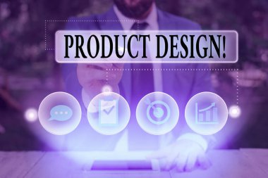 Metin işareti Ürün Tasarımı 'nı gösteriyor. Müşteriler için ürün oluşturma veya geliştirme amaçlı iş fotoğrafı metni süreci