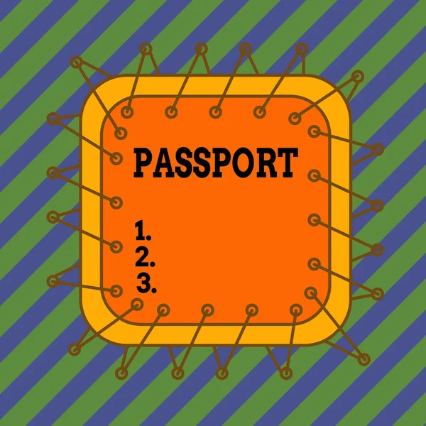 显示护照的文字签名 商务照片文本由政府签发的官方文件 证明身份不对称的形状不均匀的格式物体轮廓多色设计 — 图库照片