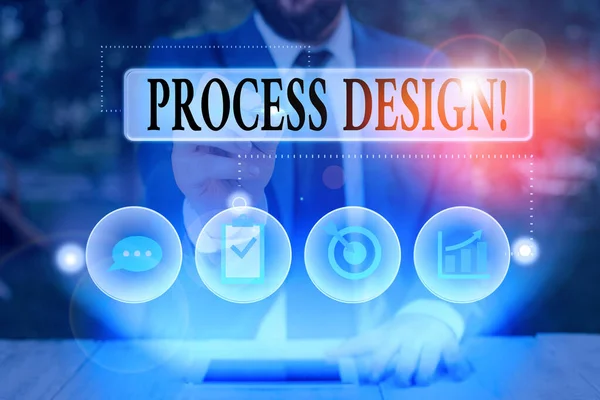 Text sign showing Process Design. Business photo text process of originating and developing a plan for a product