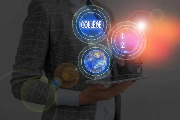 Text sign showing College. Business photo text educational institution or establishment providing higher education Elements of this image furnished by NASA