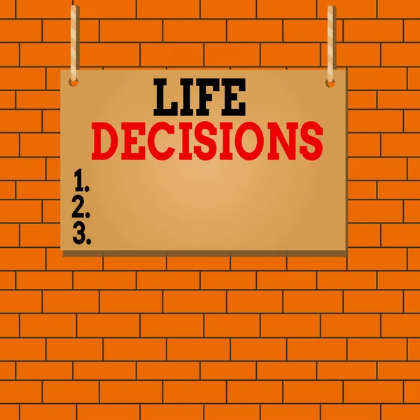 Text sign showing Life Decisions. Business photo text an important decision which you make about your life Wooden board wood rectangle shape empty frame fixed colorful striped string