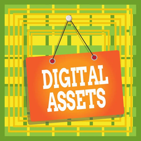Text sign showing Digital Assets. Business photo text has value and can be owned but has no physical presence Colored memo reminder empty board blank space attach background rectangle