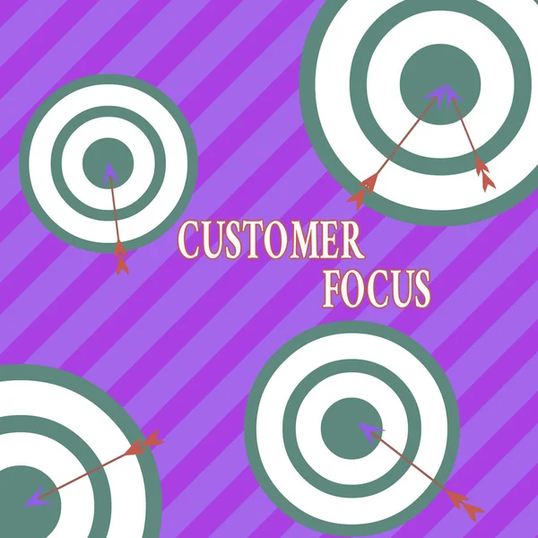 Word writing text Customer Focus. Business photo showcasing orientation of an organization in serving its clients needs Arrow and round target inside asymmetrical shaped object multicolour design