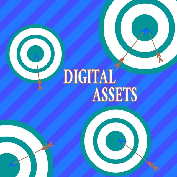 Word writing text Digital Assets. Business photo showcasing has value and can be owned but has no physical presence Arrow and round target inside asymmetrical shaped object multicolour design