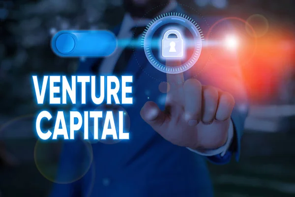 Writing note showing Venture Capital. Business concept for capital invested in a project in which there is risk