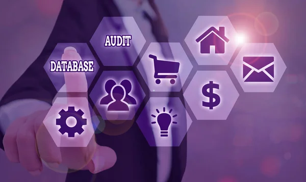 Writing note showing Database Audit. Business photo showcasing auditing of data to assess its quality for a specific purpose. — Stock Photo, Image