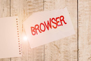 Browser 'ı gösteren kavramsal el yazısı. İş metni Bilgisayar programı Grafiksel kullanıcı arayüzü Html dosyalarını gösterir Yırtık kağıt ve defter kağıtları klasik ahşap masa üzerine yerleştirilir.