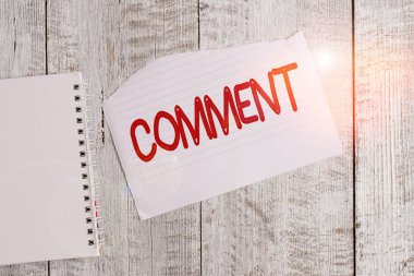 Yorum gösteren kavramsal el yazısı. İş fotoğrafı metni Verbal Yazılı yorumu görüşü ifade eder Yırtık kağıt ve defter kağıtları klasik ahşap masanın üzerine yerleştirilir.