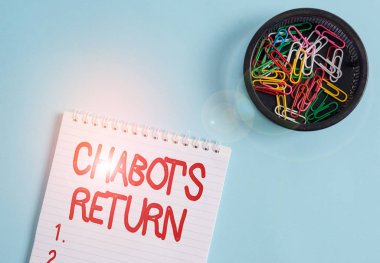 Chabot S 'in dönüşünü gösteren kavramsal el yazısı. İş fotoğrafı metni, sohbetin geri dönüşünü işitsel ya da metinsel yöntemle Pastel renk arkaplanının üzerine yerleştirilmiş boş not defteri ve sabit metni.