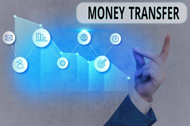 Para transferini gösteren metin işareti. Kavramsal fotoğraf bir yerden başka bir yere para aktarma eylemi.