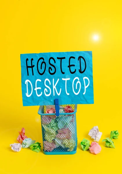 Writing note showing Hosted Desktop. Business photo showcasing product set within the larger cloudcomputing sphere Trash bin crumpled paper clothespin office supplies yellow.