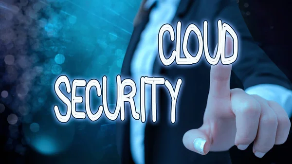 Üzenet, ami a Cloud Security-t mutatja. Az online tárolt adatok fogalmi fotóvédelme a lopástól és törléstől. — Stock Fotó