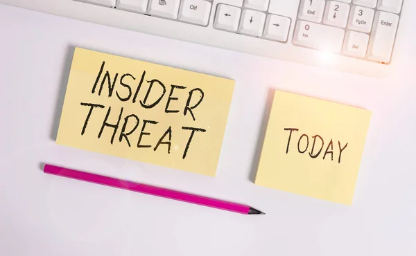 Escritura manual conceptual que muestra Amenaza Insider. Foto de negocios mostrando amenaza a la seguridad que se origina desde dentro de la organización Flat lay above copy space sticky notes with business concept . —  Fotos de Stock