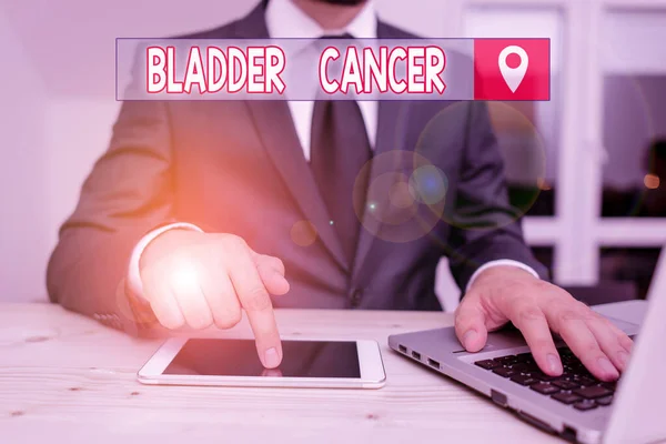 Text sign showing Bladder Cancer. Conceptual photo form of cancer that begins in the lining of the bladder Male human wear formal clothes present presentation use hi tech smartphone.