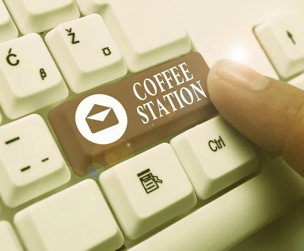 Conceptual hand writing showing Coffee Station. Business photo text a small informal restaurant where hot drinks are served. — Stock Photo, Image