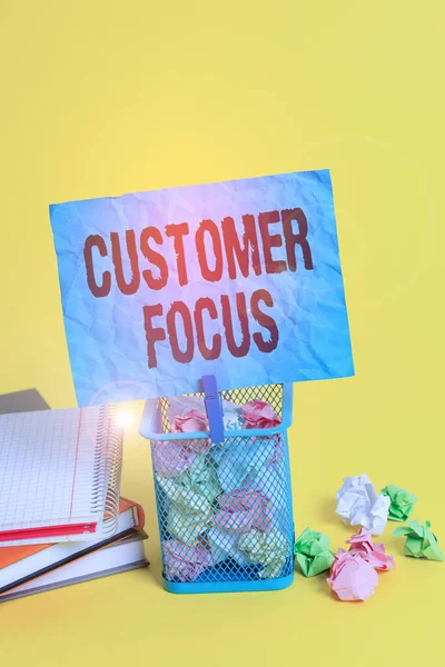 Text sign showing Customer Focus. Conceptual photo orientation of an organization in serving its clients needs Trash bin crumpled paper clothespin empty reminder office supplies yellow.