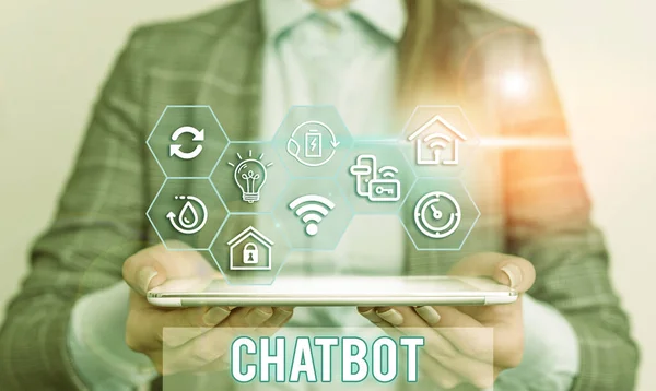 Escritura manual conceptual que muestra Chatbot. Texto de foto de negocios un tipo de programa informático que simula la conversación humana . — Foto de Stock