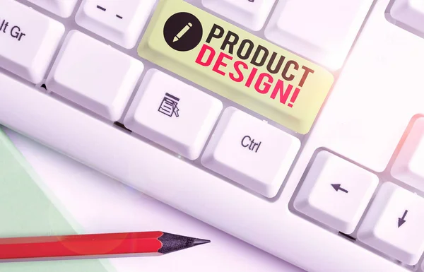 Schrijfbriefje met productontwerp. Bedrijfsfoto showcasing proces van het creëren of verbeteren van een product voor klanten behoeften. — Stockfoto