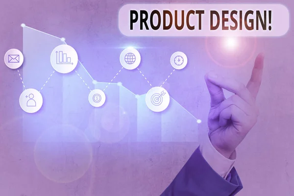 Sinal de texto mostrando Design de produto. Processo fotográfico conceitual de criação ou melhoria de um produto para as necessidades dos clientes . — Fotografia de Stock