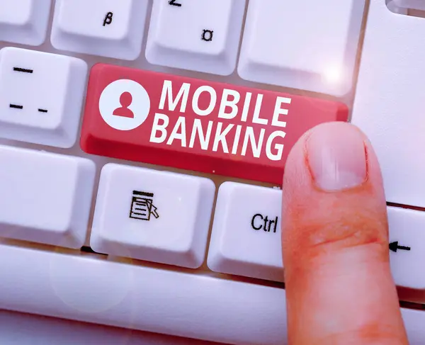 Nota de escrita mostrando Mobile Banking. Foto de negócios mostrando uso de dispositivo celular para executar tarefas bancárias on-line . — Fotografia de Stock