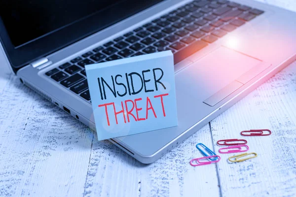 Handwriting text Insider Threat. Concept meaning security threat that originates from within the organization Trendy metallic laptop blank sticky pad clips lying wooden vintage table.
