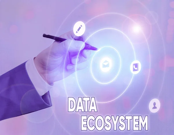 显示数据生态系统的概念手写。用于采集和分析数据的基础设施的业务照片文本收集. — 图库照片