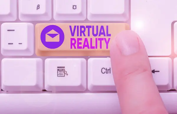 Escritura manual conceptual que muestra la Realidad Virtual. Texto de foto de negocios un entorno artificial que se crea con el software . —  Fotos de Stock