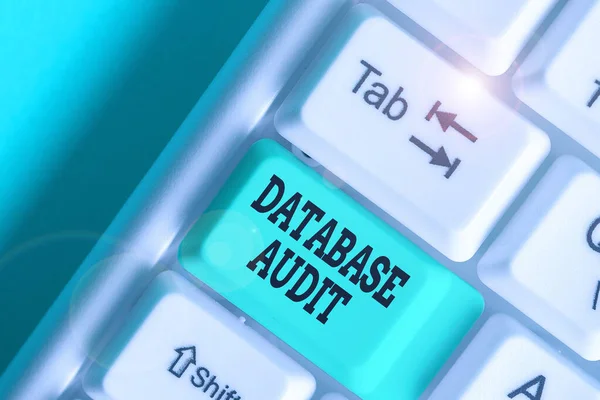 Writing note showing Database Audit. Business photo showcasing auditing of data to assess its quality for a specific purpose.