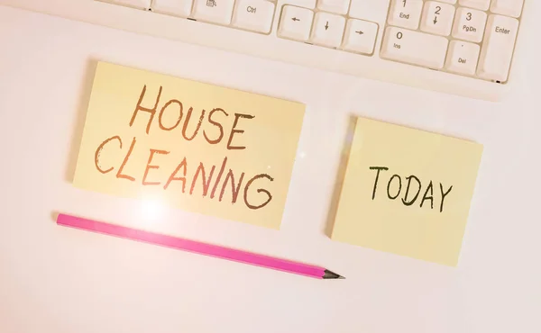 Conceptual hand writing showing House Cleaning. Business photo showcasing the action or process of cleaning the inside of house or flat Flat lay above copy space sticky notes with business concept.