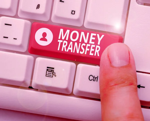 Writing note showing Money Transfer. Business photo showcasing The act of transferring money from one place to another place.