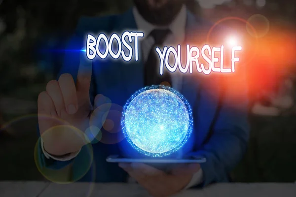 Textskylt som visar Boost Yourself. Konceptuell bild för att få dig att känna dig mer positiv eller mer säker Delar av denna bild som Nasa. — Stockfoto