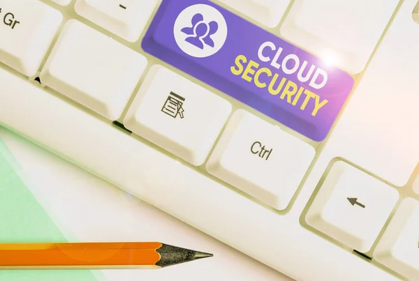 Εγγραφή σημειώματος που δείχνει Cloud Security. Επαγγελματική φωτογραφία που παρουσιάζει την προστασία των στοιχείων που αποθηκεύονται on-line από την κλοπή και τη διαγραφή. — Φωτογραφία Αρχείου