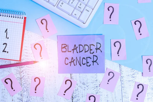 Conceptual hand writing showing Bladder Cancer. Business photo showcasing form of cancer that begins in the lining of the bladder Writing tools and scribbled paper on top of the wooden table.