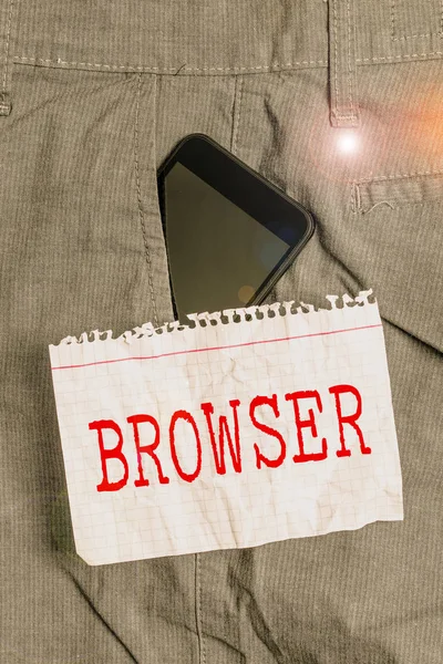 Word writing text Browser. Business concept for Computer program Graphical user interface Displaying HTML files Smartphone device inside formal work trousers front pocket near note paper. — Stock Photo, Image
